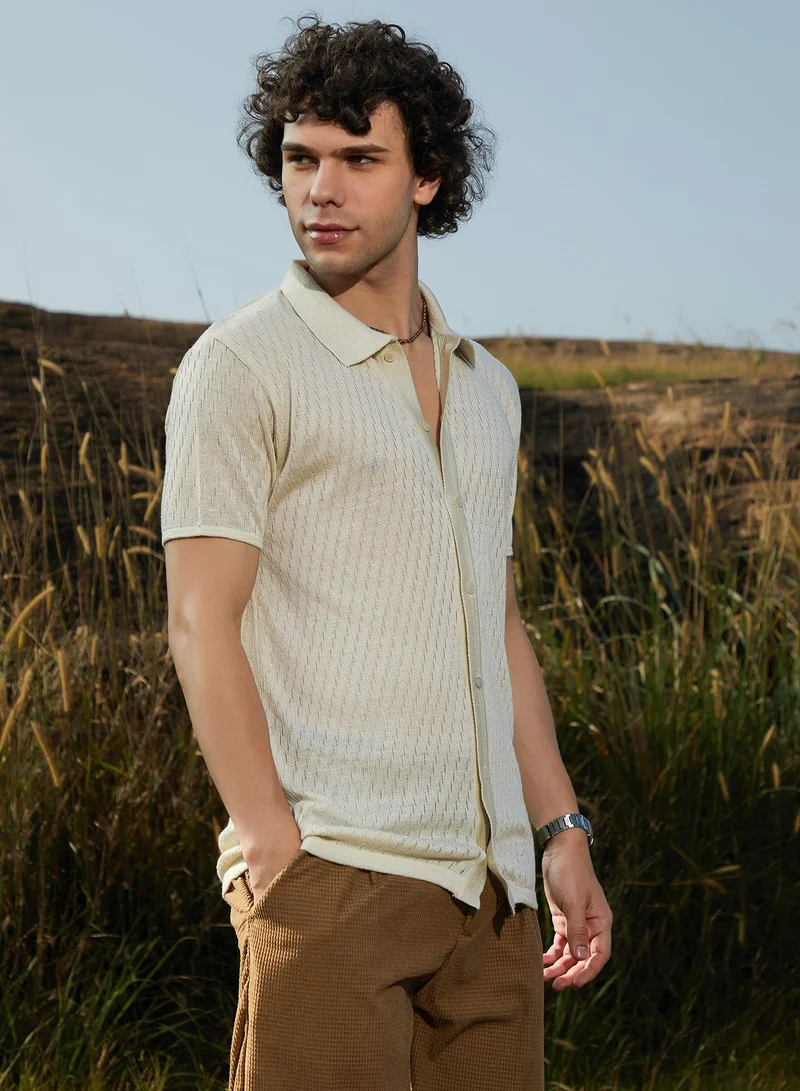 Campus Sutra Men's Off-White Rhombus-Knit Polo Shirt