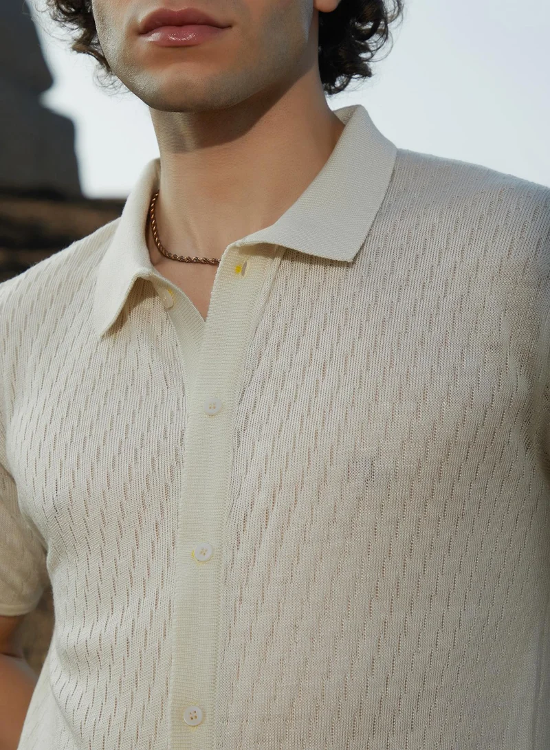 Campus Sutra Men's Off-White Rhombus-Knit Polo Shirt