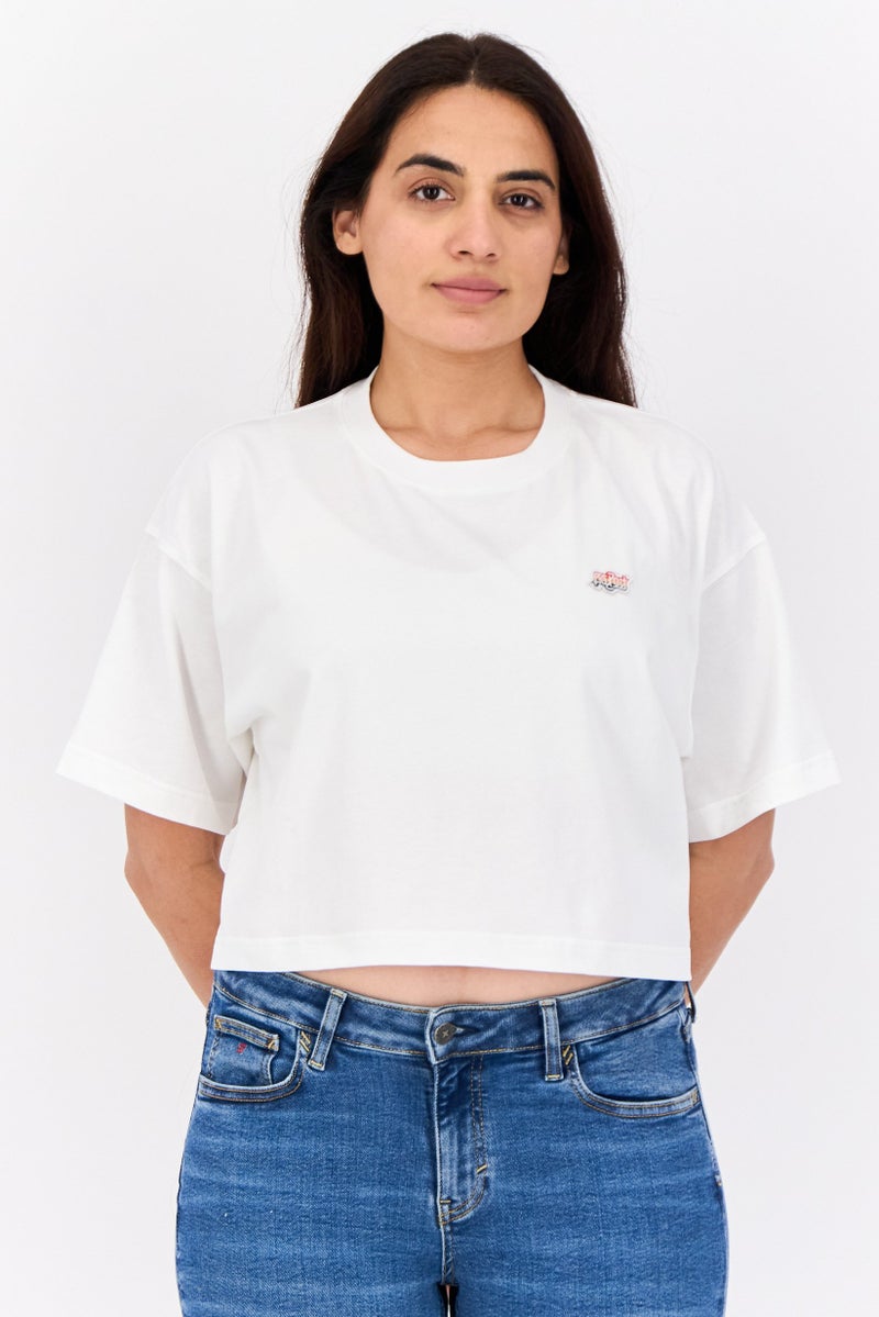 ESPRIT Women Crew Neck Short Sleeves Embroidered Cropped Tops, White - Image 1