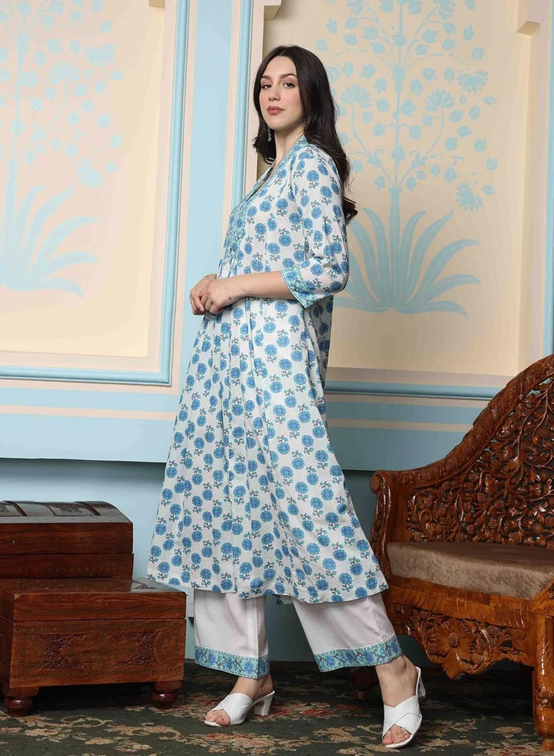 ISHIN Women's White 100% Cotton Embellished Tunic Full Length Palazzo Straight Fit Kurta Set