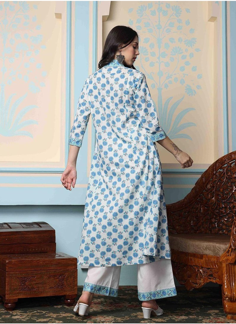 ISHIN Women's White 100% Cotton Embellished Tunic Full Length Palazzo Straight Fit Kurta Set  - Image 5