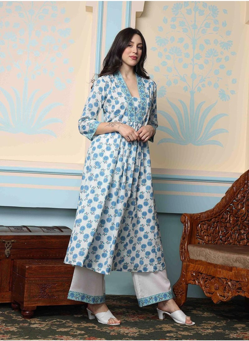 ISHIN Women's White 100% Cotton Embellished Tunic Full Length Palazzo Straight Fit Kurta Set  - Image 3