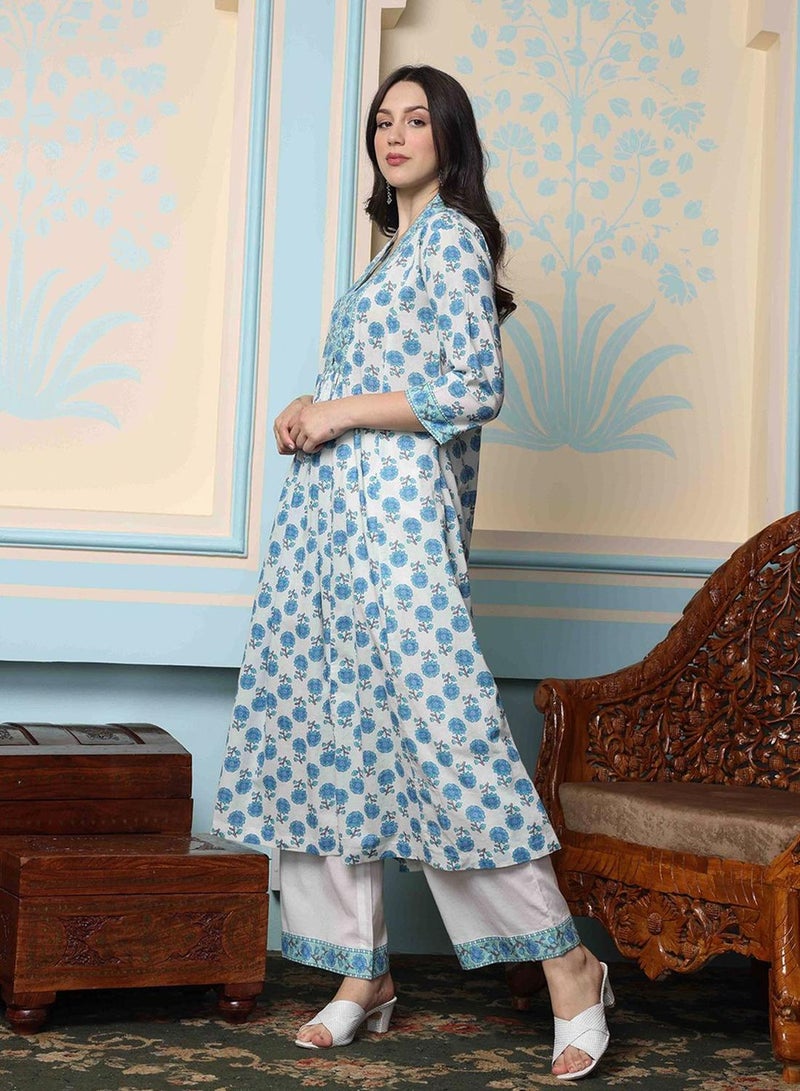 Women's White 100% Cotton Embellished Tunic Full Length Palazzo Straight Fit Kurta Set