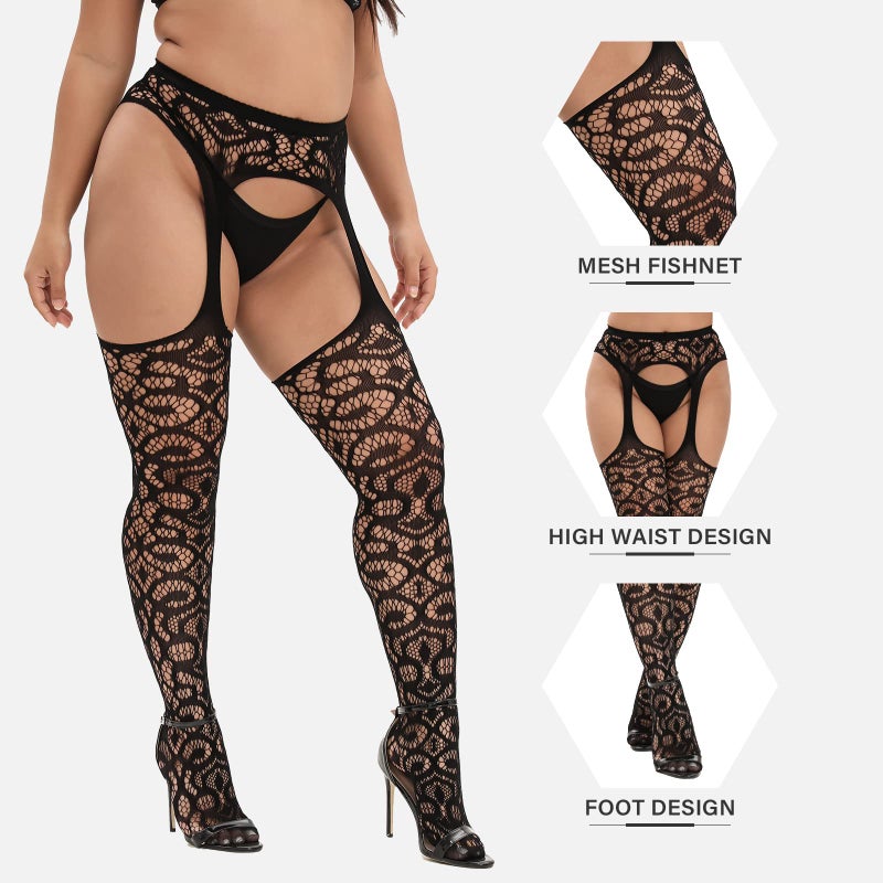 MANZI Plus Size Stockings Thigh High Fishnet Stockings Suspender Patterned Tights for Women Pattern C Round Pack of 2 - Image 2
