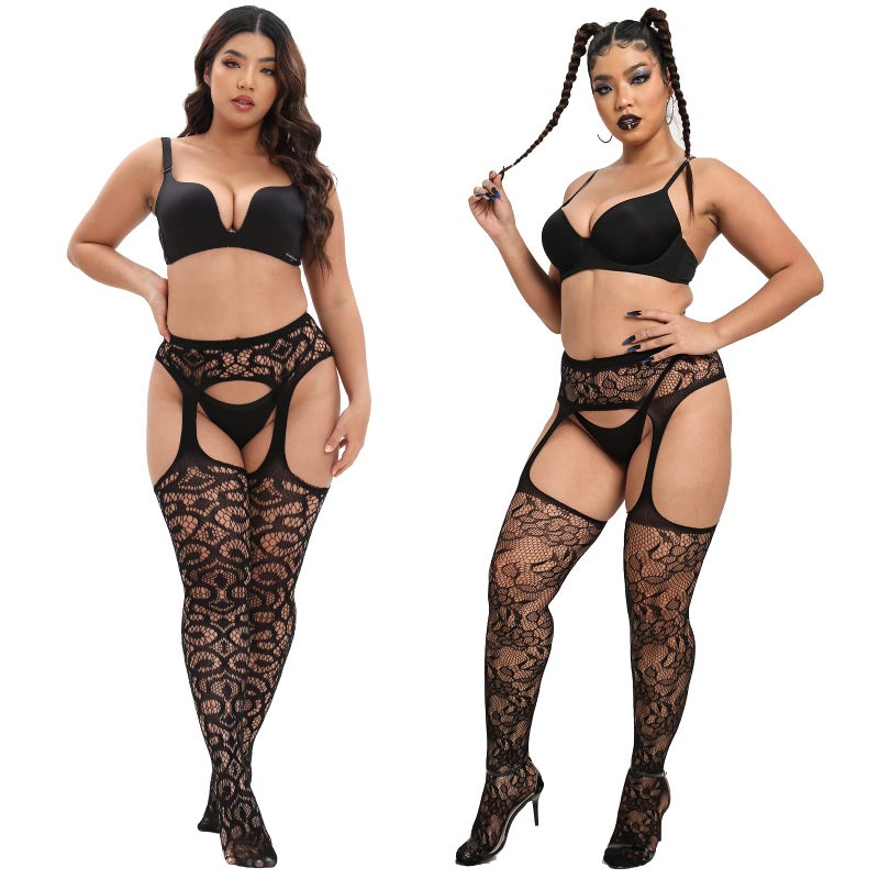 MANZI Plus Size Stockings Thigh High Fishnet Stockings Suspender Patterned Tights for Women Pattern C Round Pack of 2 - Image 3