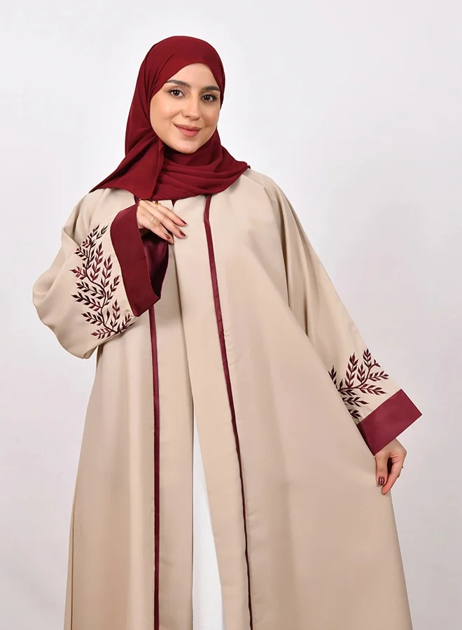 عبايات لمحة عباية نسائية بيج راقية بأكمام مطرزة وتفاصيل ساتان عنابية