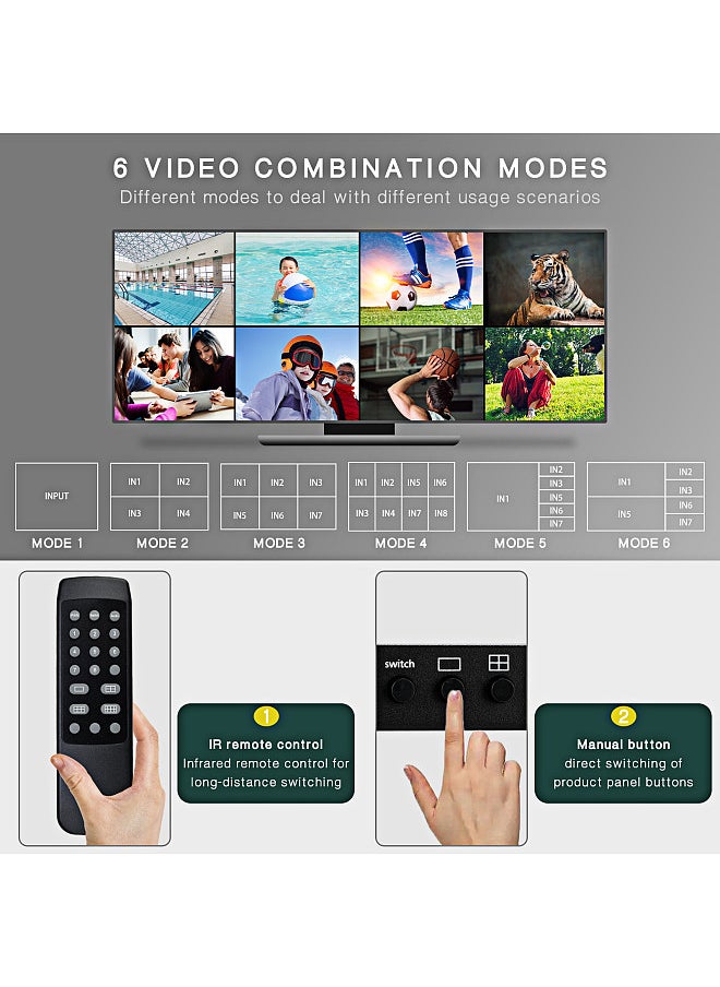 مقسم شاشة 8 × 1 HDMI 4K رباعي متعدد المشاهد و8 مقسم شاشة مع تبديل سلس