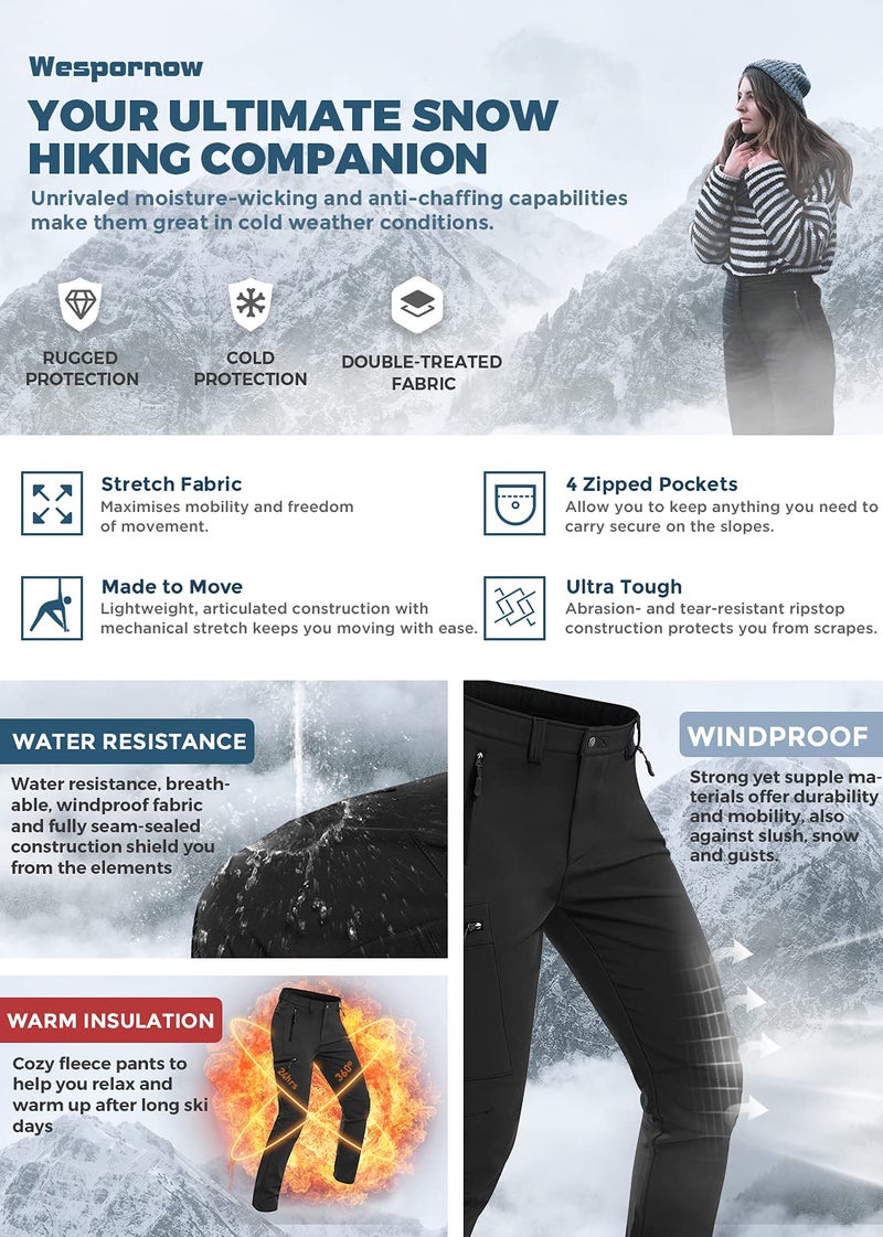 Wespornow Women's-Fleece-Lined-Hiking-Pants Snow-Ski-Pants Water-Resistance-Outdoor-Softshell-Insulated for Winter (Black, Small Short) - Image 4