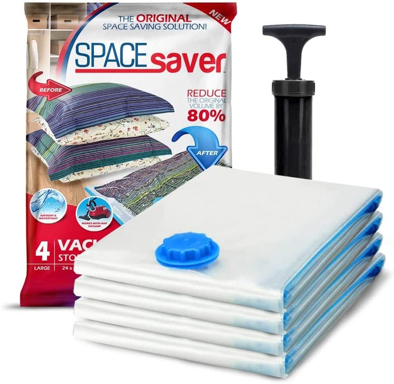Spacesaver 4 Pack Jumbo Vacuum Storage Bags for Blankets & Clothes â€“ Jumbo Vacuum Sealed Compression Bags with Hand Pump â€“ Space Saver Storage Bags for Bedding, Moving, Travel & Organization - Image 1