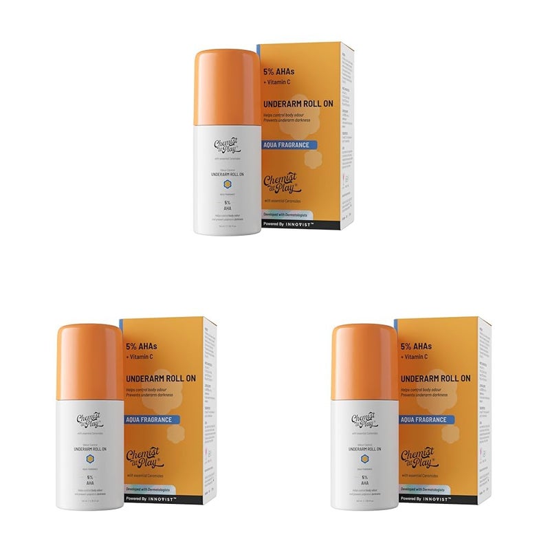 Chemist at Play UnderArm RollOn with 5 AHA Lactic Acid  1 Mandelic Acid  Prevents Body Odour Brightens Skin  Exfoliates Underarm  For Sensitive Skin  Aqua Fragrance  Alcohol Free  40ml - Image 1