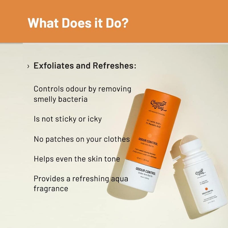 Chemist at Play UnderArm RollOn with 5 AHA Lactic Acid  1 Mandelic Acid  Prevents Body Odour Brightens Skin  Exfoliates Underarm  For Sensitive Skin  Aqua Fragrance  Alcohol Free  40ml - Image 2