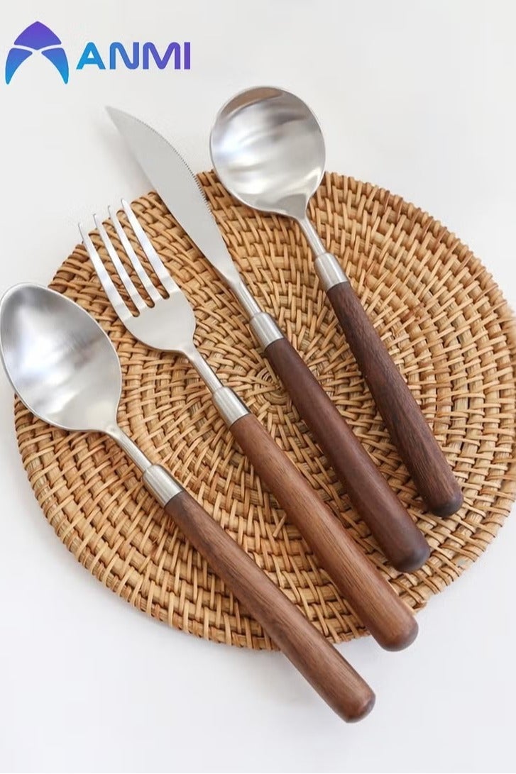 Anmi Anmi 4Pcs Wooden Flatware Set, Natural Walnut Wood Style Handle Silverware Set, 304 Stainless Steel Flatware Cutlery Set, Dinnerware Set