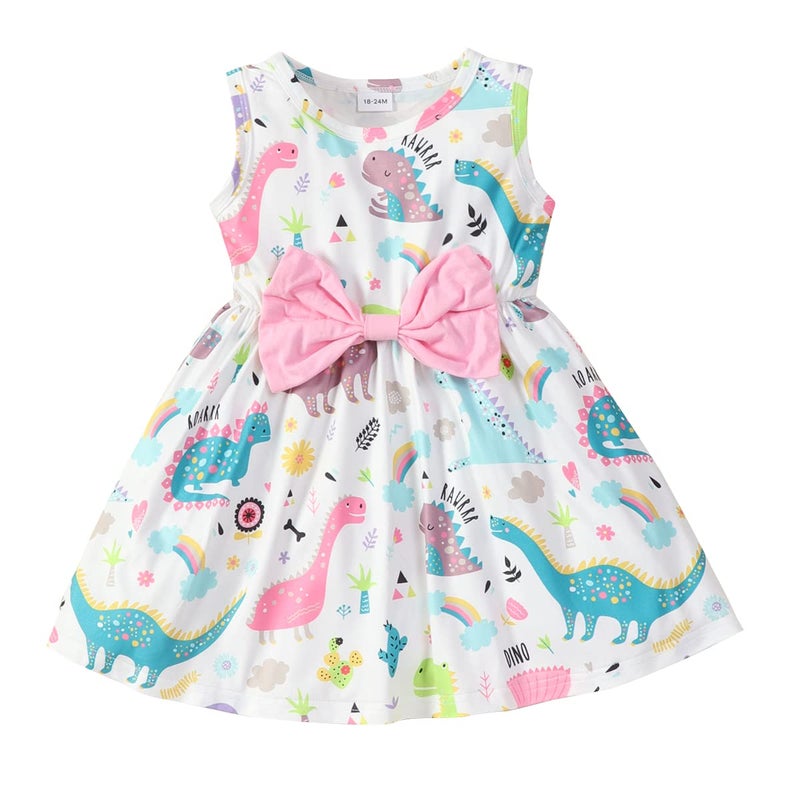 RETSUGO Baby Girl Dinosaurs Dresses Casual Pink Bowknot Dress for Toddler Girls Sleeveless Party Summer Dresses Outfit dinosaur111291T