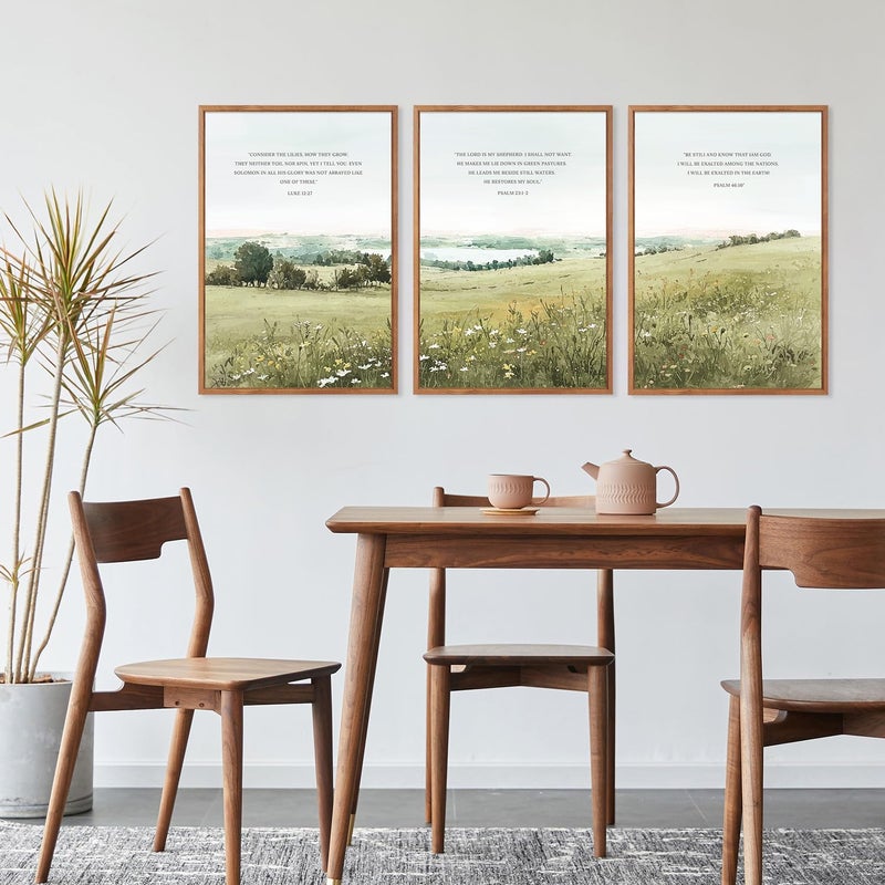 KAIRNE Scripture Christian Canvas Wall Art,Bible Verse Prints Set of 3(16â€X24â€),Modern Scripture Floral Wall Decor,Framed Green Countryside Field Paintings for Living Room Bedroom Ding Room Decor - Image 5