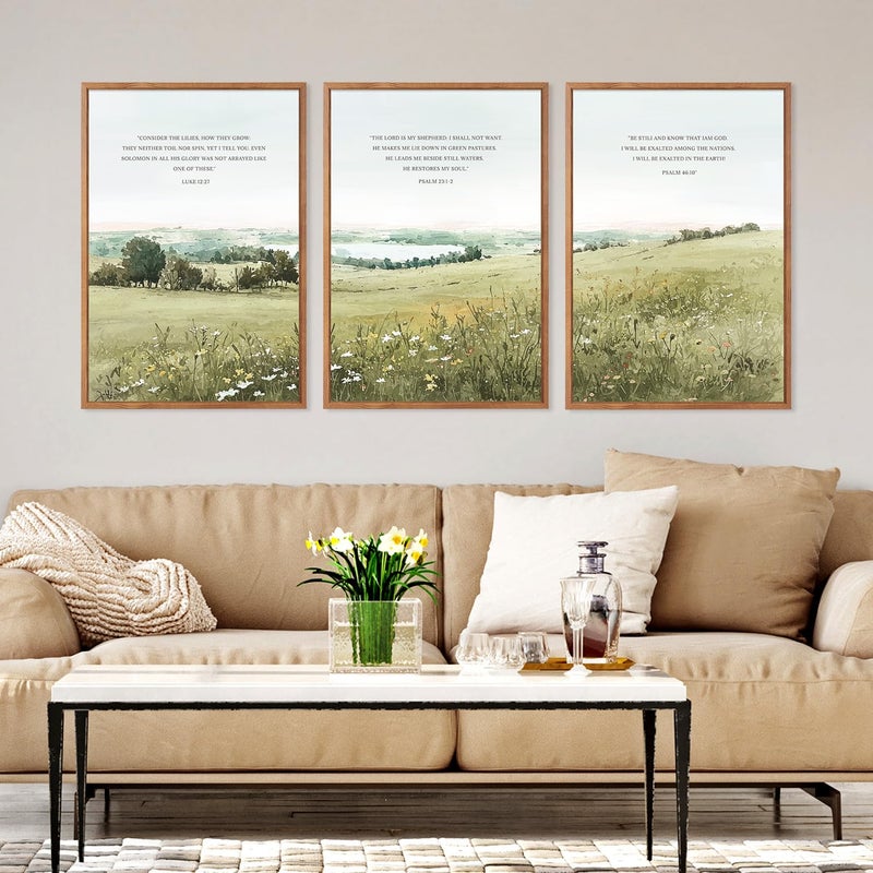 KAIRNE Scripture Christian Canvas Wall Art,Bible Verse Prints Set of 3(16â€X24â€),Modern Scripture Floral Wall Decor,Framed Green Countryside Field Paintings for Living Room Bedroom Ding Room Decor - Image 3