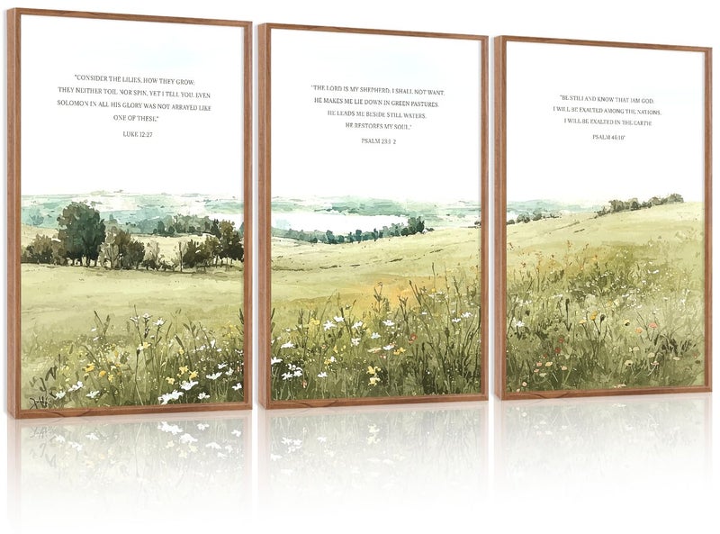 KAIRNE Scripture Christian Canvas Wall Art,Bible Verse Prints Set of 3(16â€X24â€),Modern Scripture Floral Wall Decor,Framed Green Countryside Field Paintings for Living Room Bedroom Ding Room Decor - Image 1