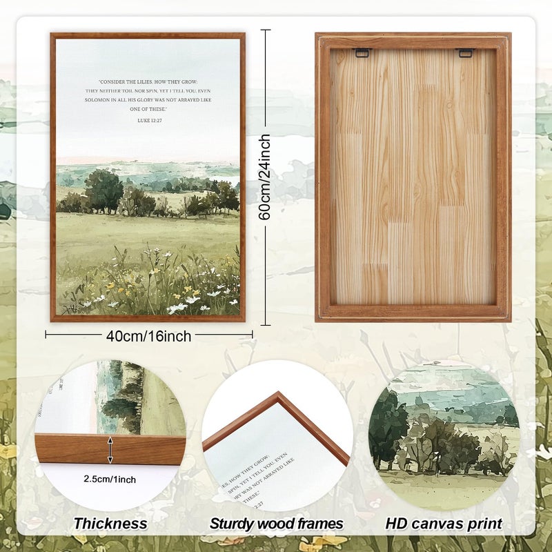 KAIRNE Scripture Christian Canvas Wall Art,Bible Verse Prints Set of 3(16â€X24â€),Modern Scripture Floral Wall Decor,Framed Green Countryside Field Paintings for Living Room Bedroom Ding Room Decor - Image 2