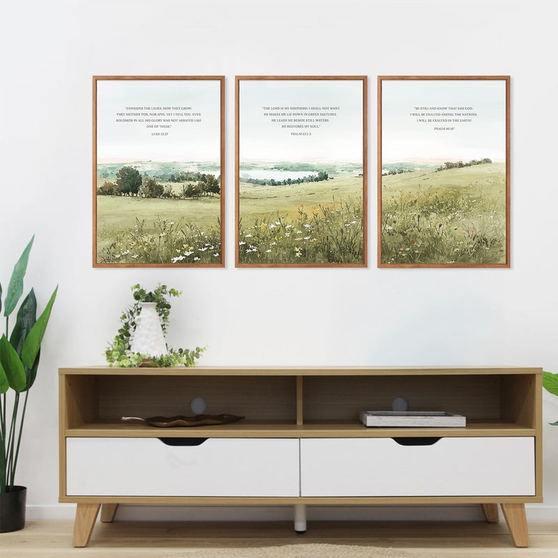 KAIRNE Scripture Christian Canvas Wall Art,Bible Verse Prints Set of 3(16â€X24â€),Modern Scripture Floral Wall Decor,Framed Green Countryside Field Paintings for Living Room Bedroom Ding Room Decor - Image 4