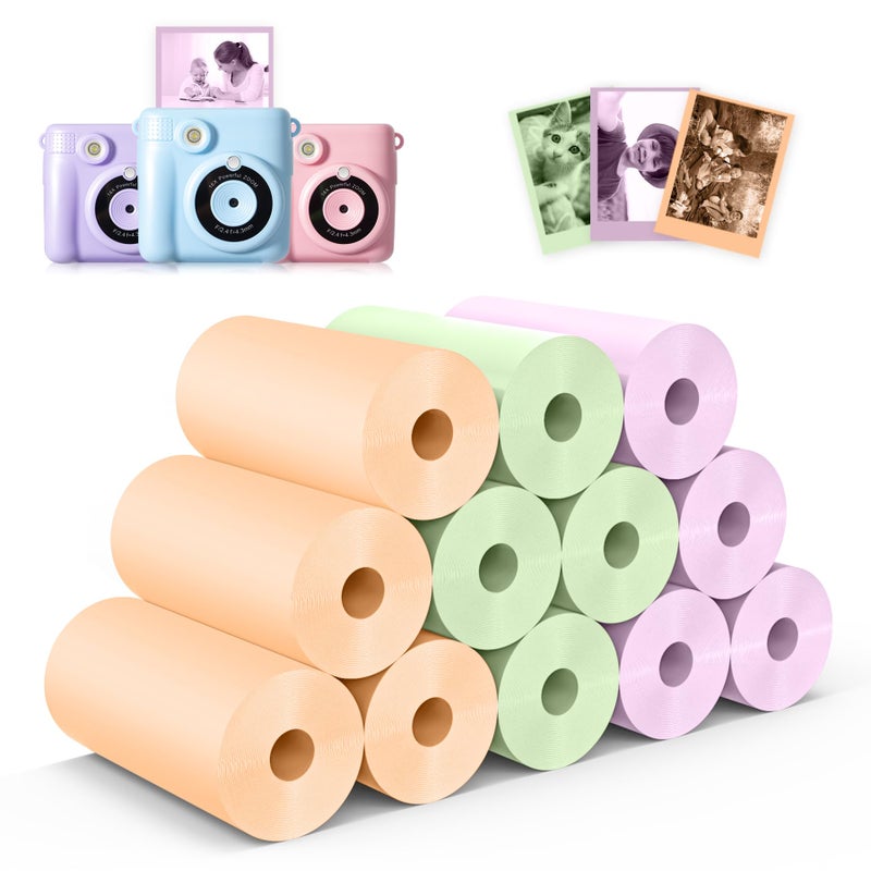 Hikkon 12 Rolls Kids Instant Camera Thermal Print Paper Refill - 3 Colors (Pink, Blue, Yellow) Compatible with Most Children Instant Print Cameras - Image 1