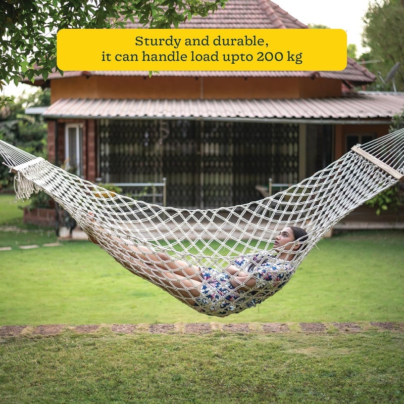 UGAOO Mayan Cotton Rope 2 Person Hammock Cotton Home Swing for Adults Kids for Balcony Indoor Outdoor Handmade Swing Bed with Hardwood Wooden 200 x 100 CM Ivory - Image 3