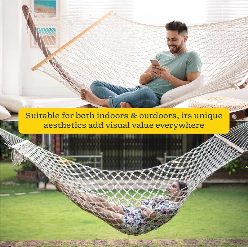 UGAOO Mayan Cotton Rope 2 Person Hammock Cotton Home Swing for Adults Kids for Balcony Indoor Outdoor Handmade Swing Bed with Hardwood Wooden 200 x 100 CM Ivory - Image 4