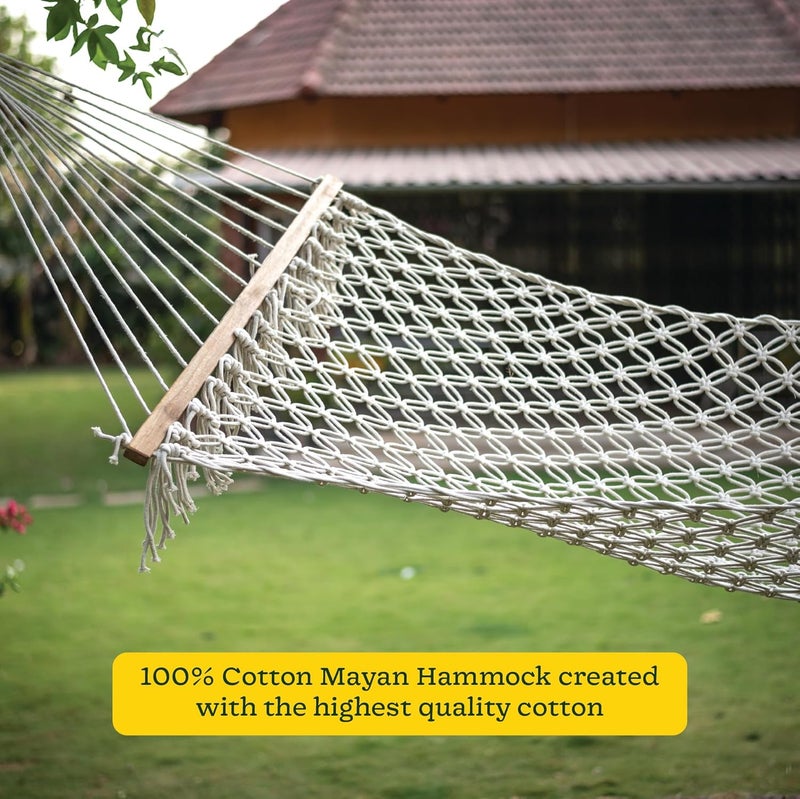 UGAOO Mayan Cotton Rope 2 Person Hammock Cotton Home Swing for Adults Kids for Balcony Indoor Outdoor Handmade Swing Bed with Hardwood Wooden 200 x 100 CM Ivory - Image 2