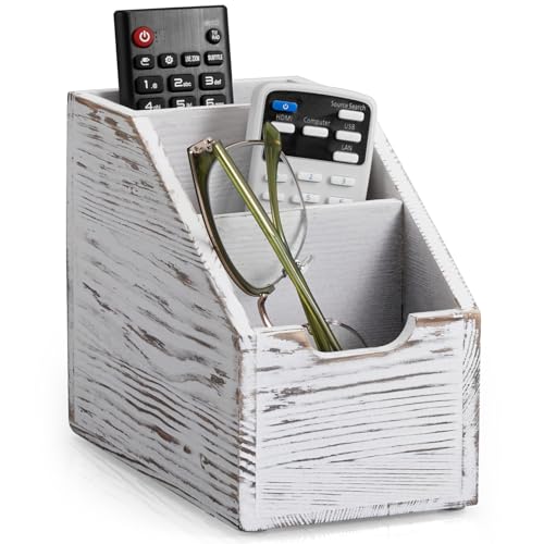 BWODYAY Remote Control Holder, TV Remote Holder, Wood Farmhouse Remote Caddy for Table, Remote Organizer Caddy with 3 Slots, Remote Storage Box for Home Office, Rustic White - Image 1