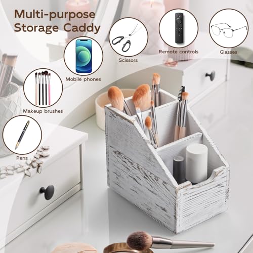BWODYAY Remote Control Holder, TV Remote Holder, Wood Farmhouse Remote Caddy for Table, Remote Organizer Caddy with 3 Slots, Remote Storage Box for Home Office, Rustic White - Image 4
