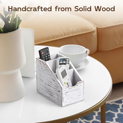 BWODYAY Remote Control Holder, TV Remote Holder, Wood Farmhouse Remote Caddy for Table, Remote Organizer Caddy with 3 Slots, Remote Storage Box for Home Office, Rustic White - Image 3