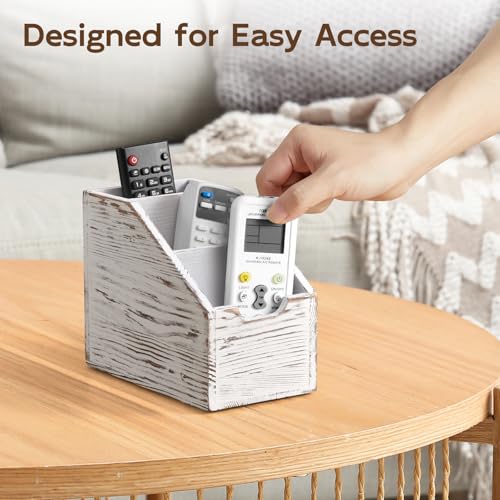 BWODYAY Remote Control Holder, TV Remote Holder, Wood Farmhouse Remote Caddy for Table, Remote Organizer Caddy with 3 Slots, Remote Storage Box for Home Office, Rustic White - Image 5