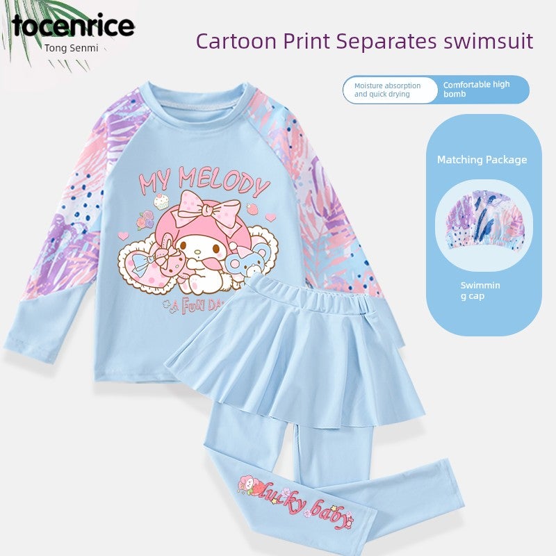 Kuromi girls' swimsuit long-sleeved pants split-type medium-sized children's quick-drying sunscreen swimsuit hot spring dual-use set - Image 4