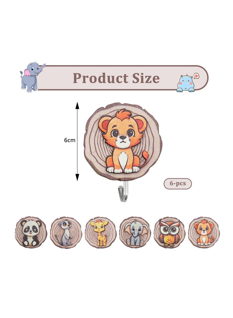 SYOSI Wooden Animal Wall Hooks, 6-Pack Kids Self Adhesive Coat Hooks , Children Animal-Shaped Coat Hooks, Cartoon Hanging Wall Mounted Hooks for Coats, Towels, Hats,Backpack, Robe, Purse Decorative  - Image 2