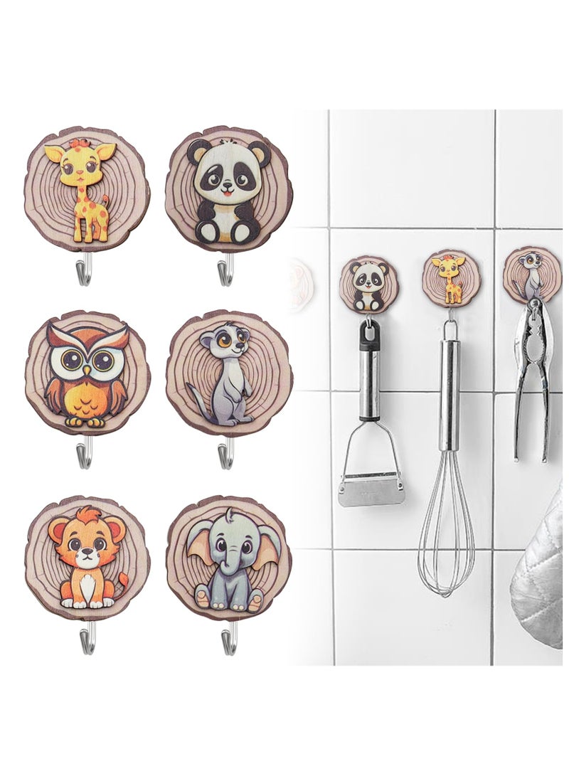 SYOSI Wooden Animal Wall Hooks, 6-Pack Kids Self Adhesive Coat Hooks , Children Animal-Shaped Coat Hooks, Cartoon Hanging Wall Mounted Hooks for Coats, Towels, Hats,Backpack, Robe, Purse Decorative  - Image 5