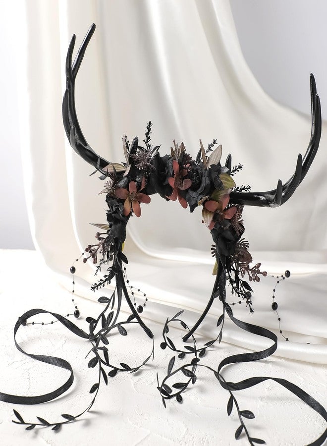 MOSTORY Black Flower Antler Headpiece - Dark Floral Reindeer Headband for Witch Aesthetic Cosplay Renaissance Accessories Women, Gothic Deer Horns Headband with Vine for Fantasy Photo Shoot - Image 5