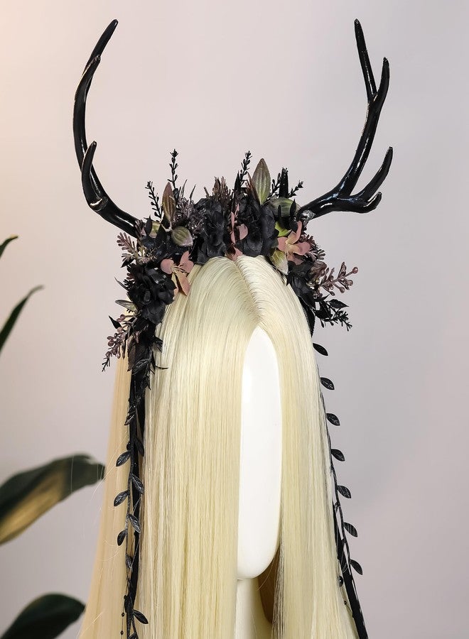 MOSTORY Black Flower Antler Headpiece - Dark Floral Reindeer Headband for Witch Aesthetic Cosplay Renaissance Accessories Women, Gothic Deer Horns Headband with Vine for Fantasy Photo Shoot - Image 4