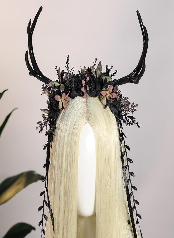MOSTORY Black Flower Antler Headpiece - Dark Floral Reindeer Headband for Witch Aesthetic Cosplay Renaissance Accessories Women, Gothic Deer Horns Headband with Vine for Fantasy Photo Shoot - Image 3