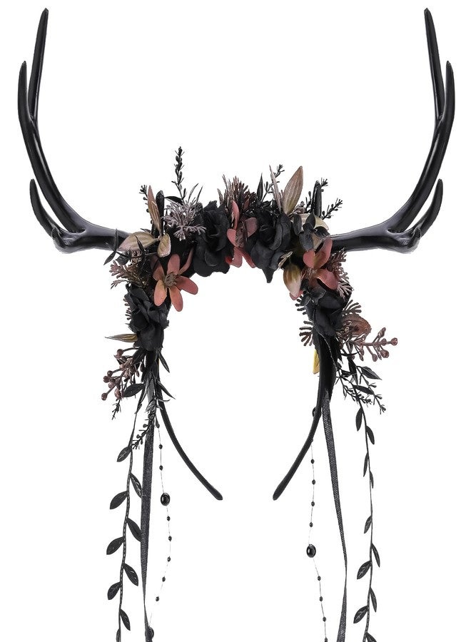 MOSTORY Black Flower Antler Headpiece - Dark Floral Reindeer Headband for Witch Aesthetic Cosplay Renaissance Accessories Women, Gothic Deer Horns Headband with Vine for Fantasy Photo Shoot - Image 1