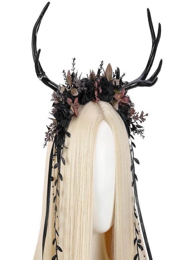 MOSTORY Black Flower Antler Headpiece - Dark Floral Reindeer Headband for Witch Aesthetic Cosplay Renaissance Accessories Women, Gothic Deer Horns Headband with Vine for Fantasy Photo Shoot - Image 2