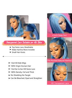 Smartinnov Light Blue Bob Wig Human Hair Pre Plucked With Baby Hair Glueless 13x4 Lace Front Wig HD Transparent Lace Frontal Short Bob Wigs for Women Bleached Knots with Baby Hair 10inch 180% Density  - Image 5