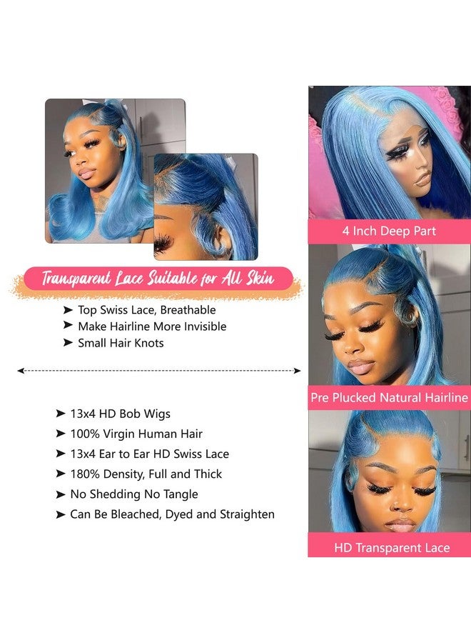 Smartinnov Light Blue Bob Wig Human Hair Pre Plucked With Baby Hair Glueless 13x4 Lace Front Wig HD Transparent Lace Frontal Short Bob Wigs for Women Bleached Knots with Baby Hair 10inch 180% Density - Image 5