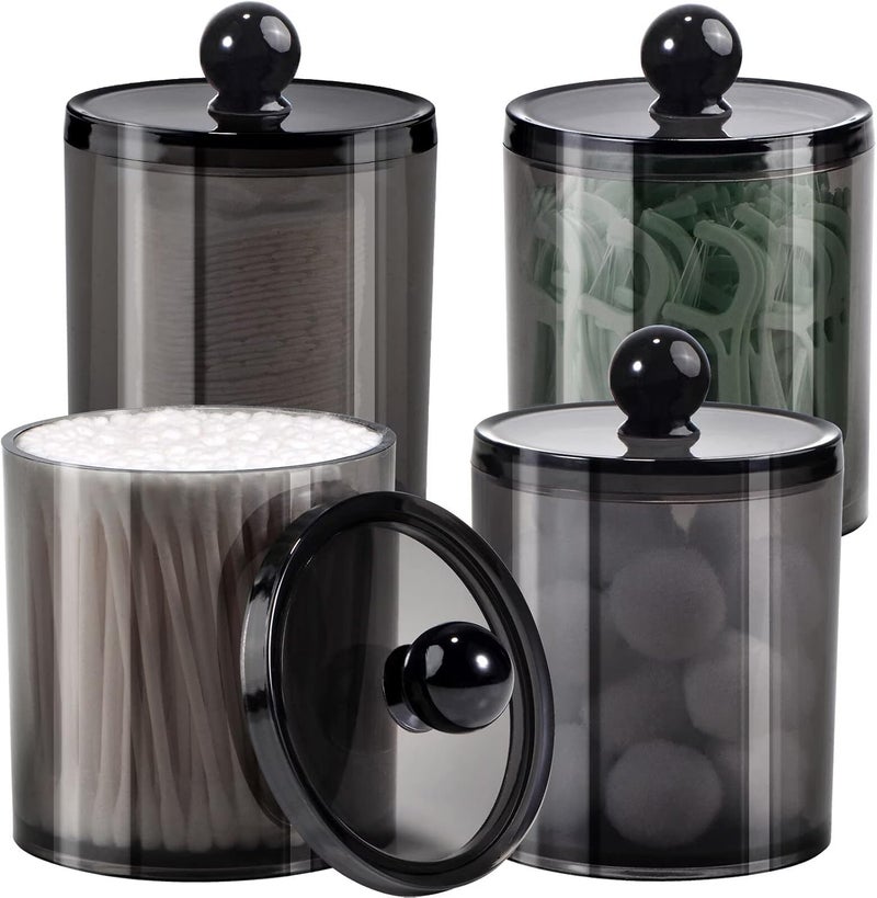 SheeChung 4 Pack Plastic Acrylic Bathroom Vanity Countertop Canister Jars with Storage Lid, Apothecary Jars Qtip Holder Makeup Organizer for Cotton Balls,Swabs,Pads,Bath Salt(Black, 10&12oz) - Image 1