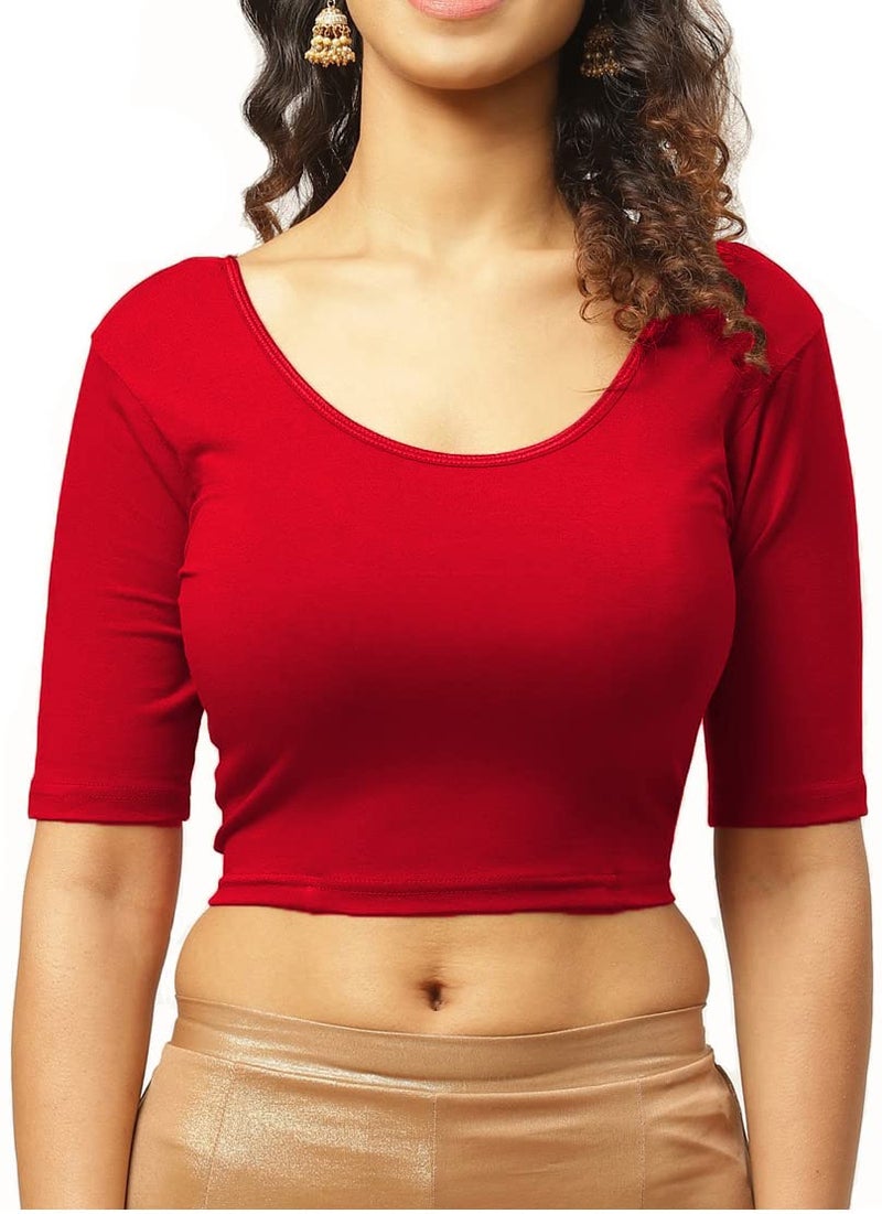 THE BLAZZE 1303_RED_2XL 1303 Women's Cotton Scoop Neck Backless Elbow Sleeve Crop Top Readymade Saree Blouse (2XL, Color_02), Red - Image 1