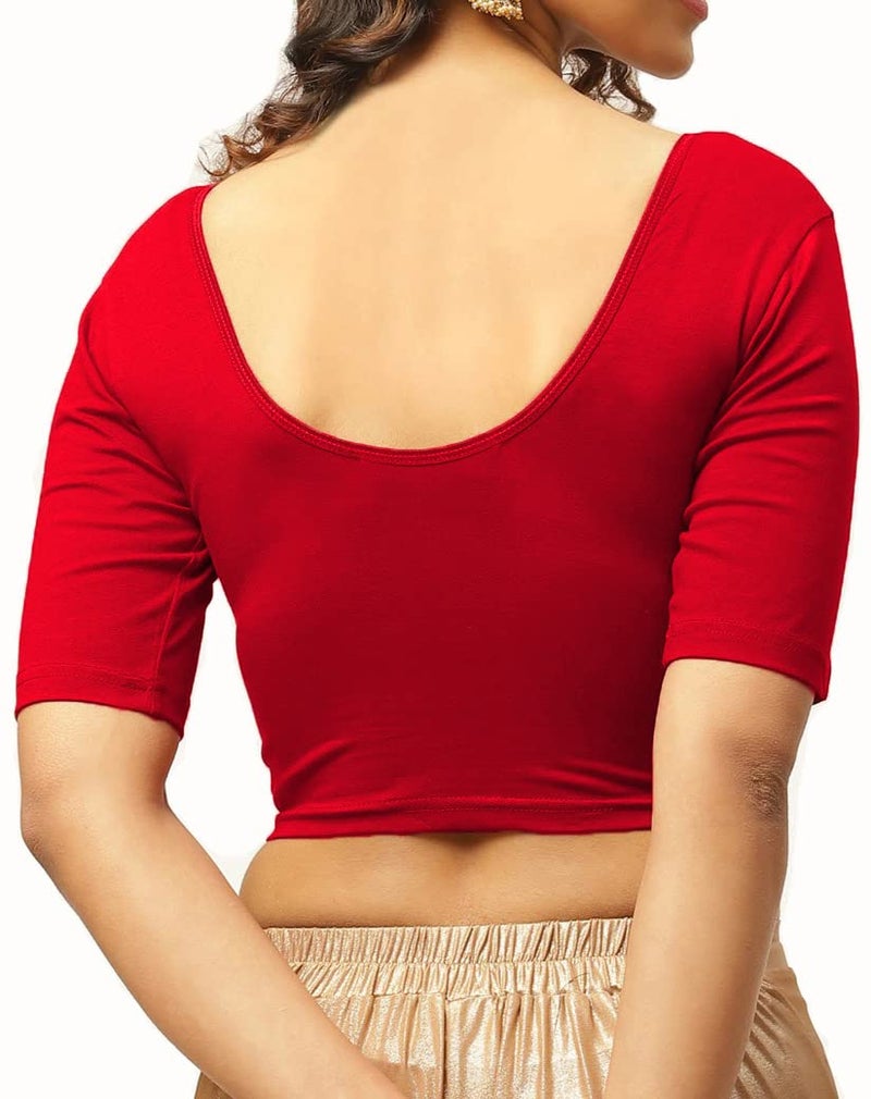THE BLAZZE 1303_RED_2XL 1303 Women's Cotton Scoop Neck Backless Elbow Sleeve Crop Top Readymade Saree Blouse (2XL, Color_02), Red - Image 2