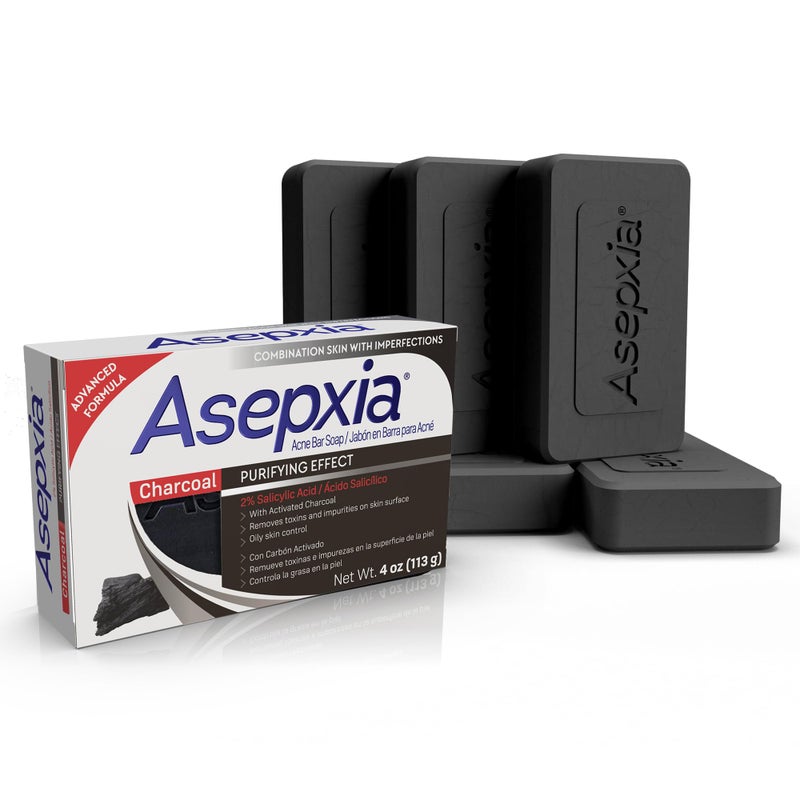 Asepxia Salicylic Acid Activated Charcoal Bar Soap Acne Treatment Reduces Pimples Blemishes Deep Cleansing Facial Cleanser Dries Out Acne Prevents Breakouts Face wash 4 Oz 5Pack