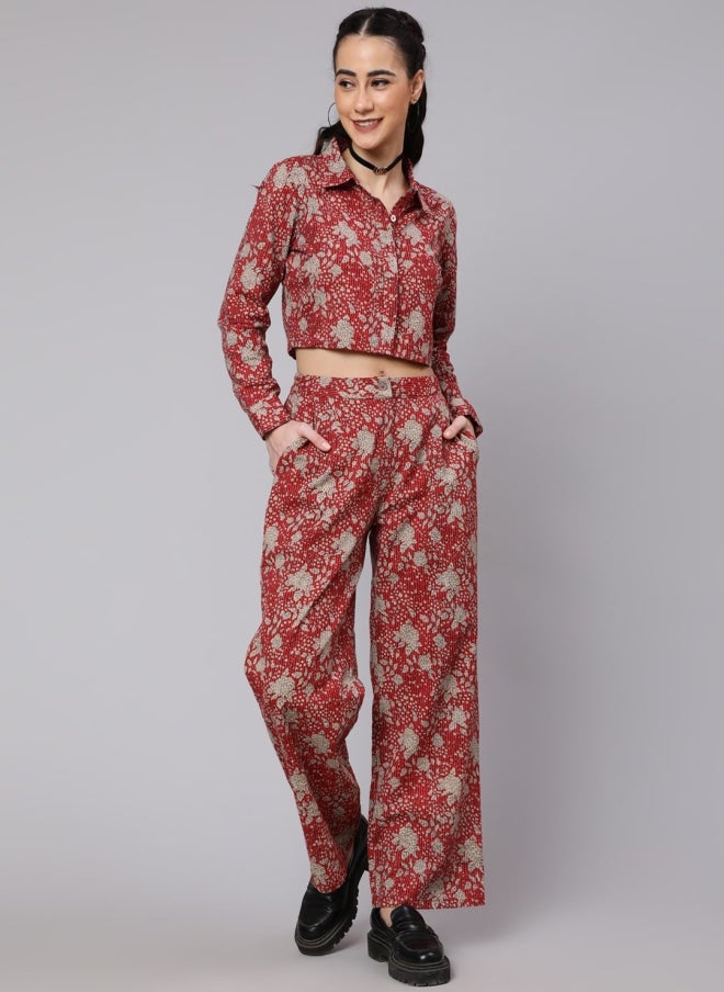 AKS Maroon Printed Co-Ord Set for Women - Image 1