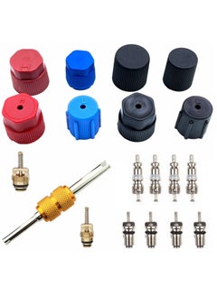 Air Conditioning Valve Core Kit, Car and Home AC R12 R134a Teflon Seal Refrigeration Schrader Valve Core with Valve Stem Core Tool Air Conditioning AC System Charging Port Seal Caps Kit