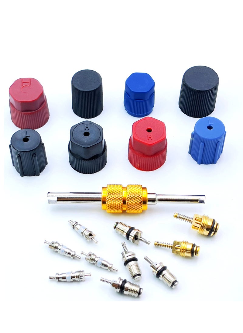 KASTWAVE - Air Conditioning Valve Core Kit, Car and Home AC R12 R134a Teflon Seal Refrigeration Schrader Valve Core with Valve Stem Core Tool Air Conditioning AC System Charging Port Seal Caps Kit - Image 1