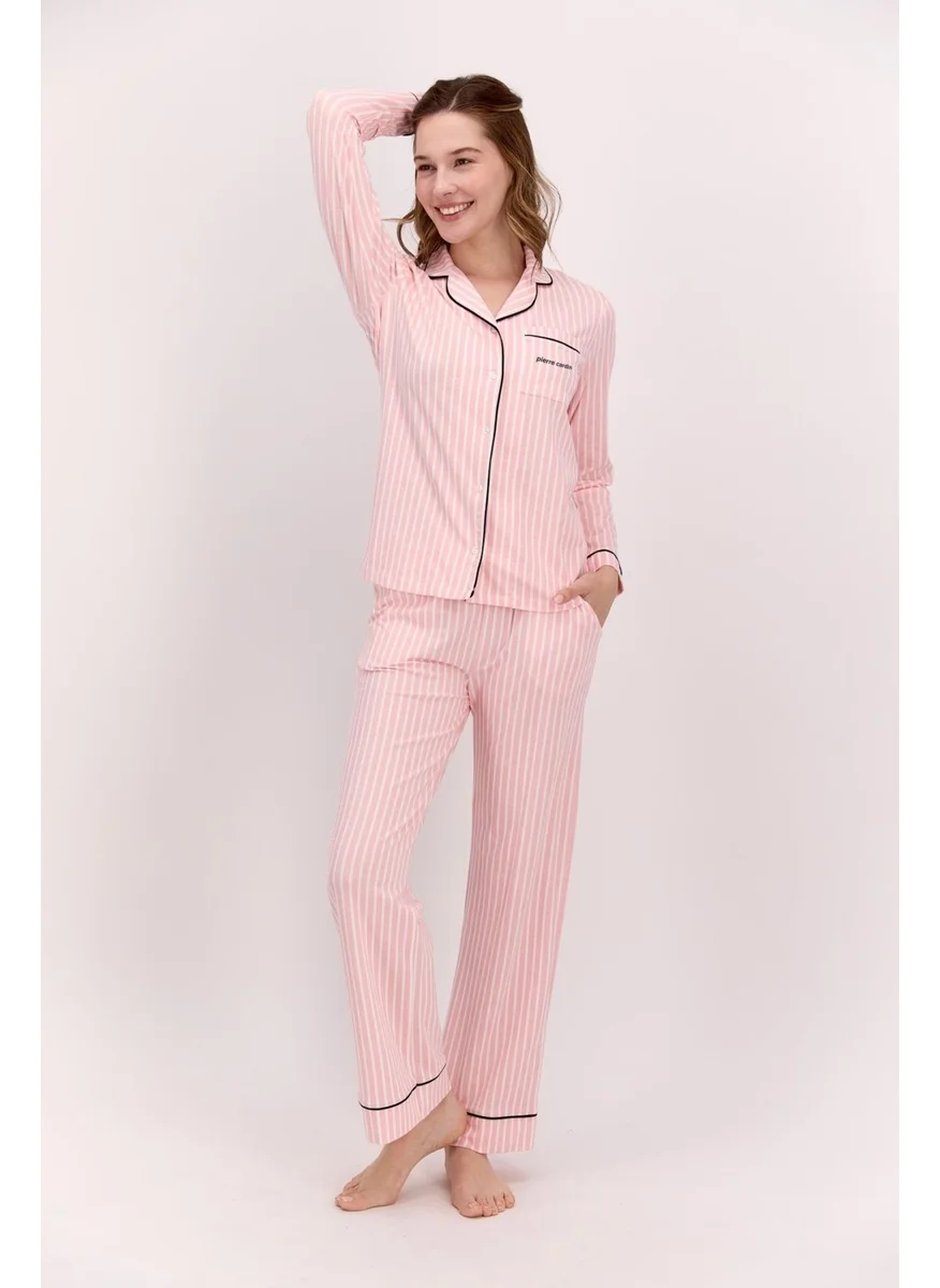 بيير كاردان Pink Women's Pajama Set, White Striped Pajama Set, Seasonal Long Sleeve Shirt Pajama Set