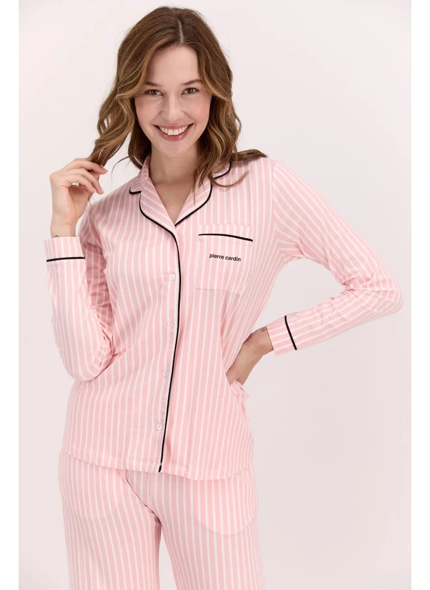 pierre cardin Pink Women's Pajama Set, White Striped Pajama Set, Seasonal Long Sleeve Shirt Pajama Set