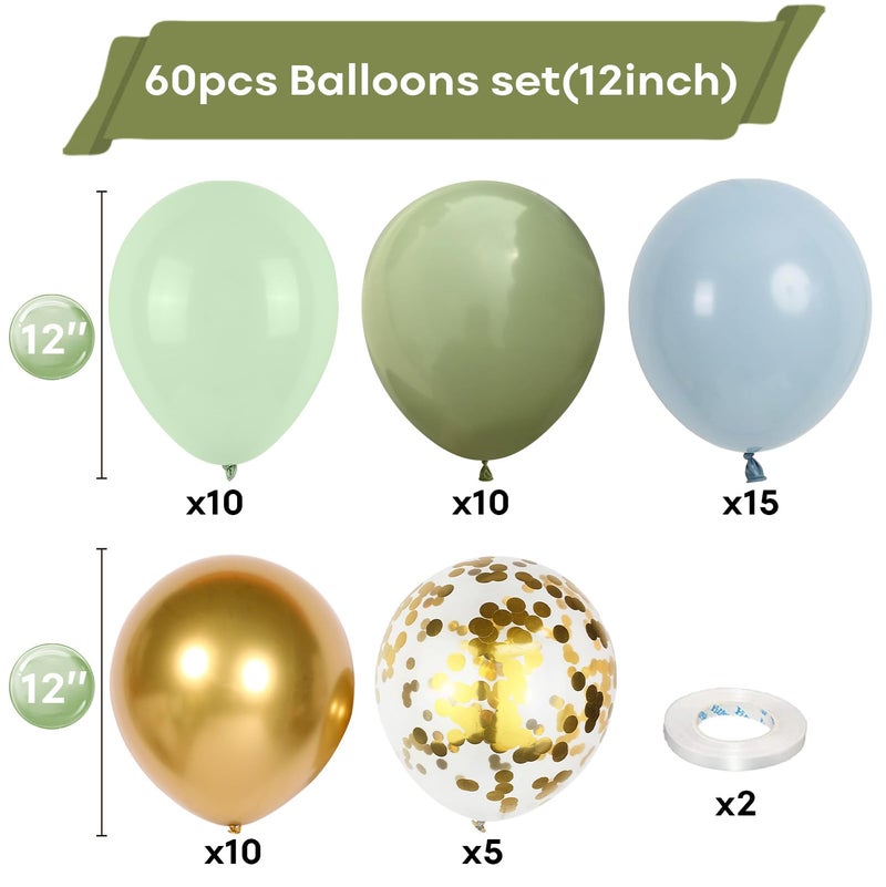 Togvu Dusty Green Blue Balloon, 60 Packs 12 Inch Sage Green Blue Balloon with Haze Fog Blue Sand White and Gold Balloons for Jungle Safari Neutral Boho Birthday Baby Shower Party Decorations - Image 2